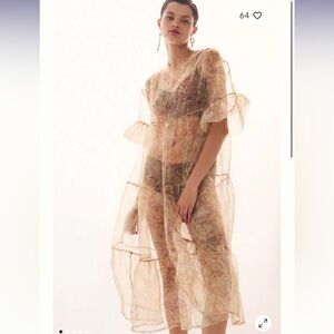 Anthropologie Tiered Sheer Printed Dress in Neutral XS